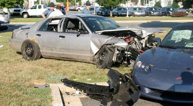 State Trooper Crashes Into a Corvette Parked at a Maryland Chevy Dealership