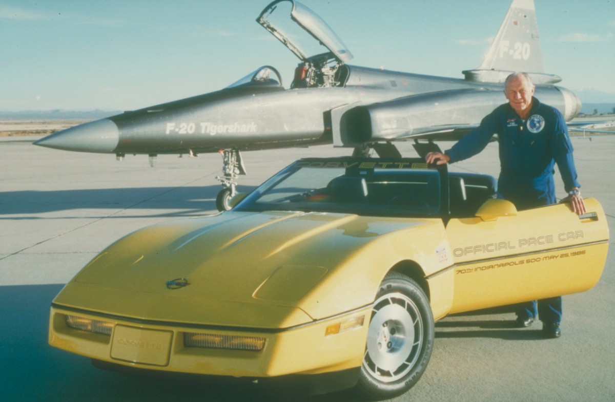 Retired General Chuck Yeager poses with the 1986 C4 Corvette Indy Pace Car