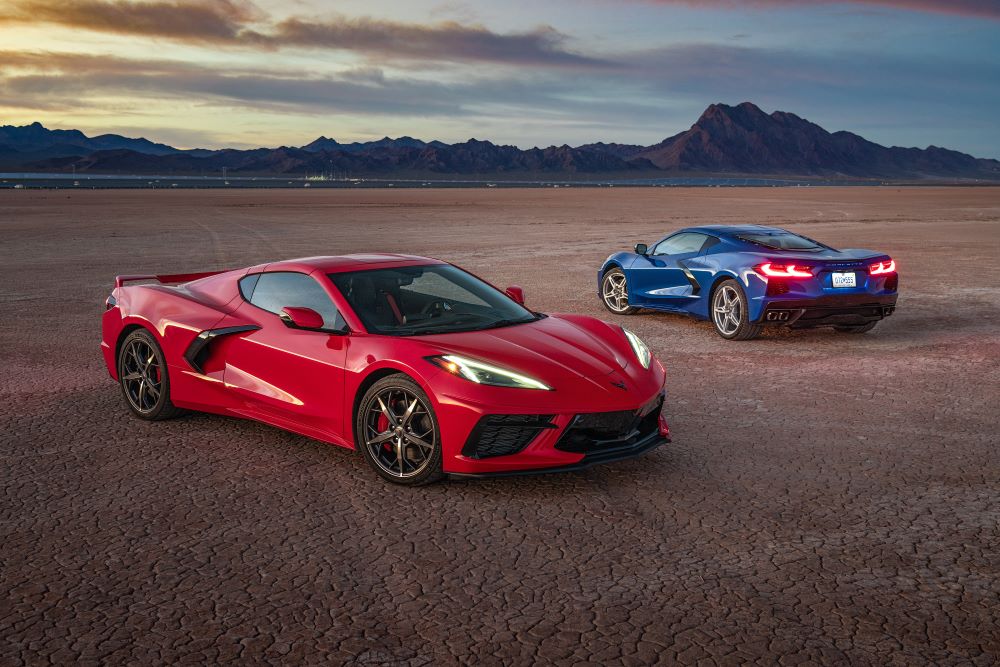 Red and Blue C8 Covettes in desert