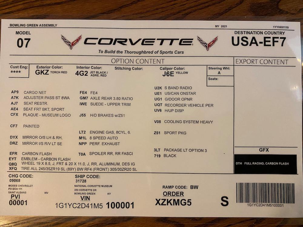 2021 Corvette VIN 001 spec sheet