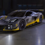 Front 3/4 view of 2024 Chevrolet Corvette Z06 GT3.R parked in a race car garage. Pre-production model shown. Actual production model may vary. Model year 2024 Corvette Z06 GT3.R will be available later this year.