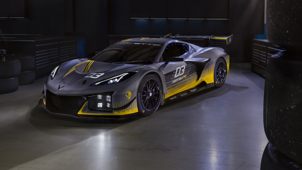 Front 3/4 view of 2024 Chevrolet Corvette Z06 GT3.R parked in a race car garage. Pre-production model shown. Actual production model may vary. Model year 2024 Corvette Z06 GT3.R will be available later this year.