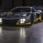 Front 7/8 view of 2024 Chevrolet Corvette Z06 GT3.R parked in a race car garage. Pre-production model shown. Actual production model may vary. Model year 2024 Corvette Z06 GT3.R will be available later this year.