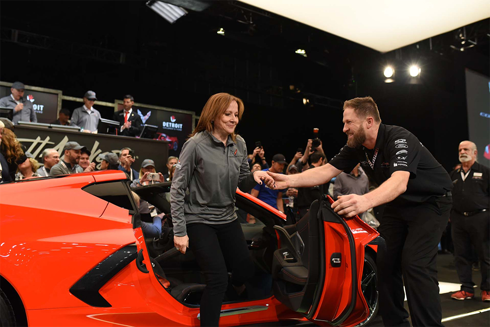 GM CEO Mary Barra drives pre-production C8 Corvette across Barrett Jackson Auction Block 2020