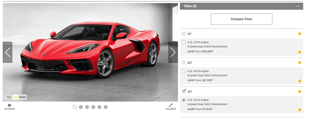 2020 Chevrolet C8 Corvette Configurator Builder Trim Levels 1LT 2LT 3LT difference