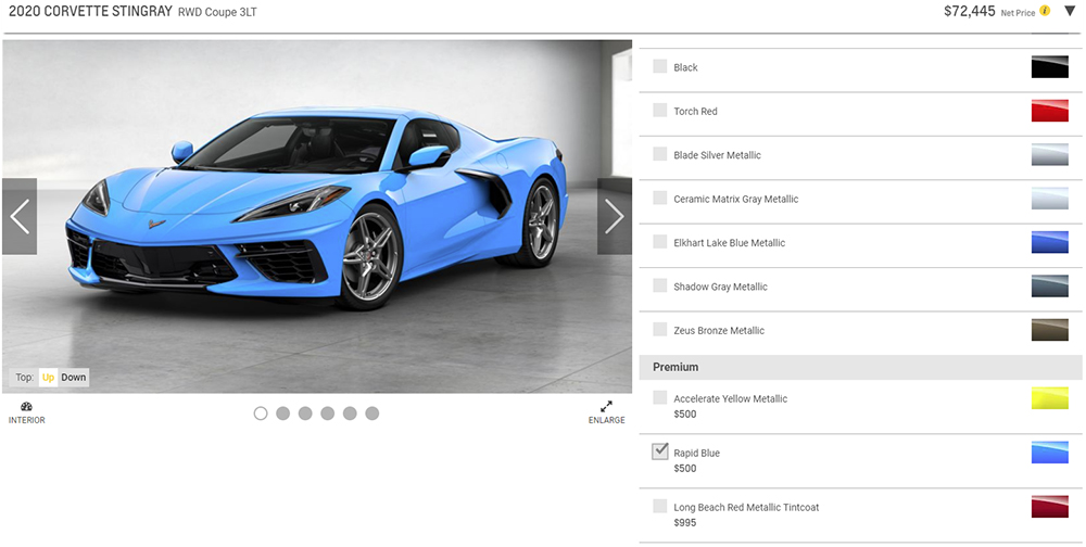 2020 C8 Corvette color choices in Chevrolet Corvette configurator buildef