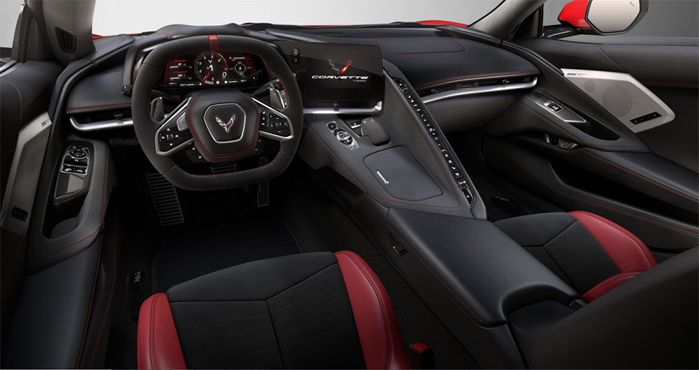 C8 Corvette Chevrolet interior 3LT with red trim and carbon fiber options