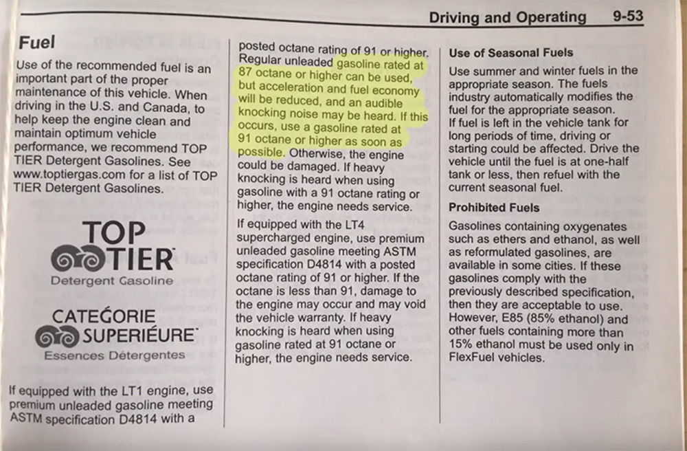 2015 C7 Corvette Owners manual recommendation for 87 octane gas could cause knocking