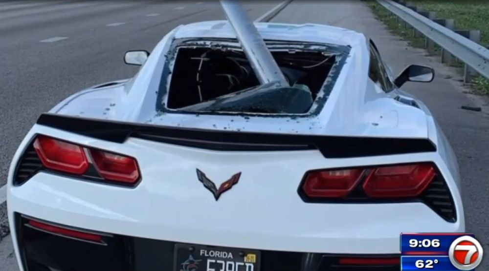 Bizarre Crash Leaves Corvette Impaled By Road Sign