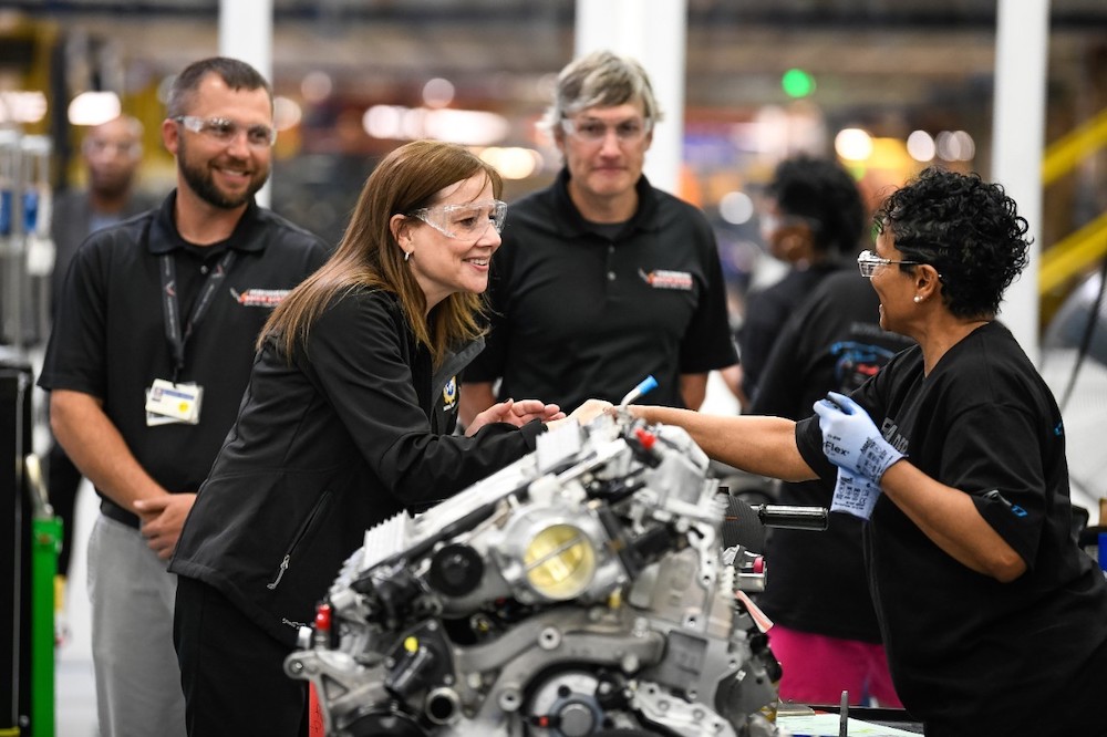 General Motors Chairman and CEO Mary Barra meets with plant employees and leadership before announcing the company is adding a second shift and more than 400 hourly jobs at its Bowling Green Assembly plant Thursday, April 25, 2019 in Bowling Green, Kentucky.