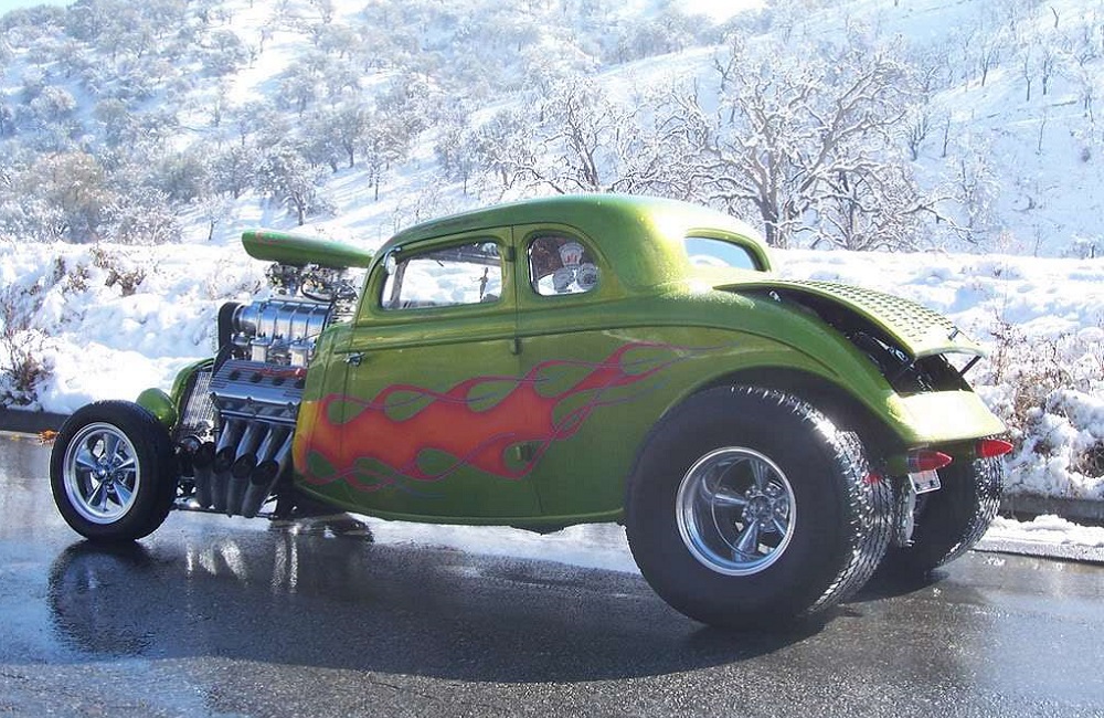 hot rod in the snow