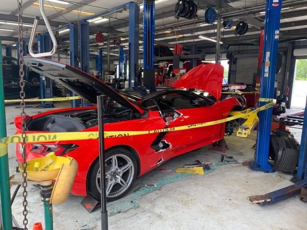 C8 Corvette Falls Off Lift at Dealership