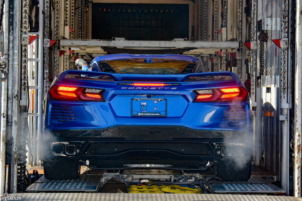 Michelle Sadlers's 2020 C8 Corvette on the delivery truck