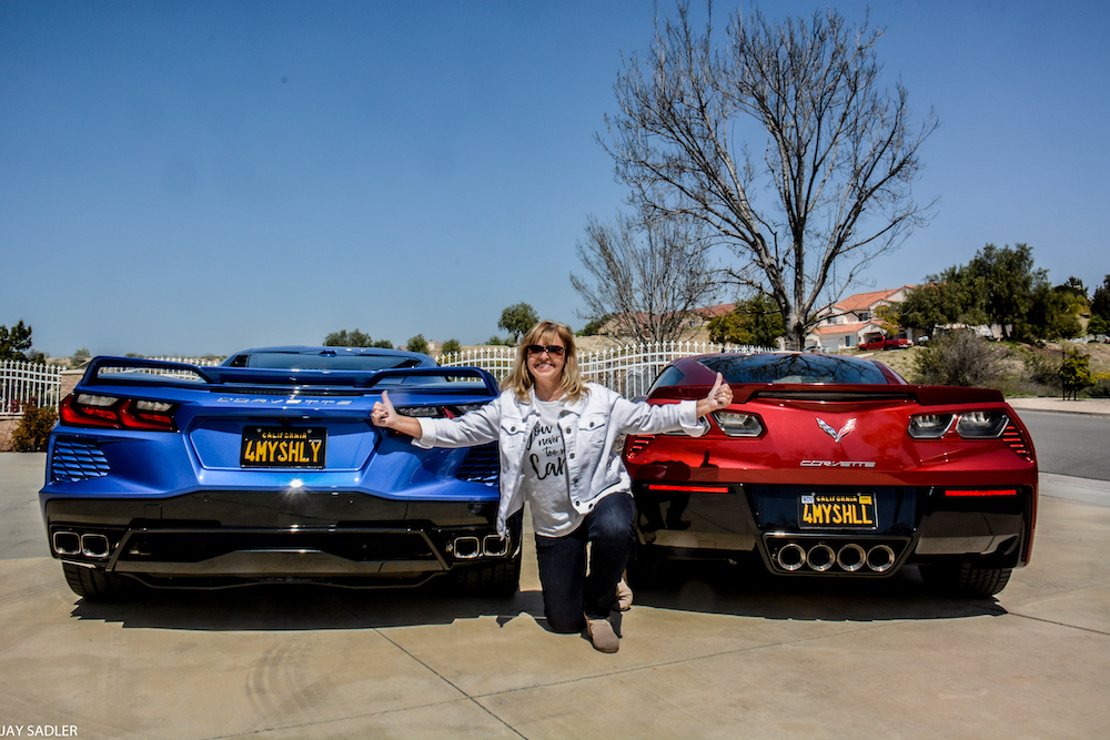 Michelle Sadler with her 2014 C7 and 2020 C8 Corvettes, the VIN Sisters