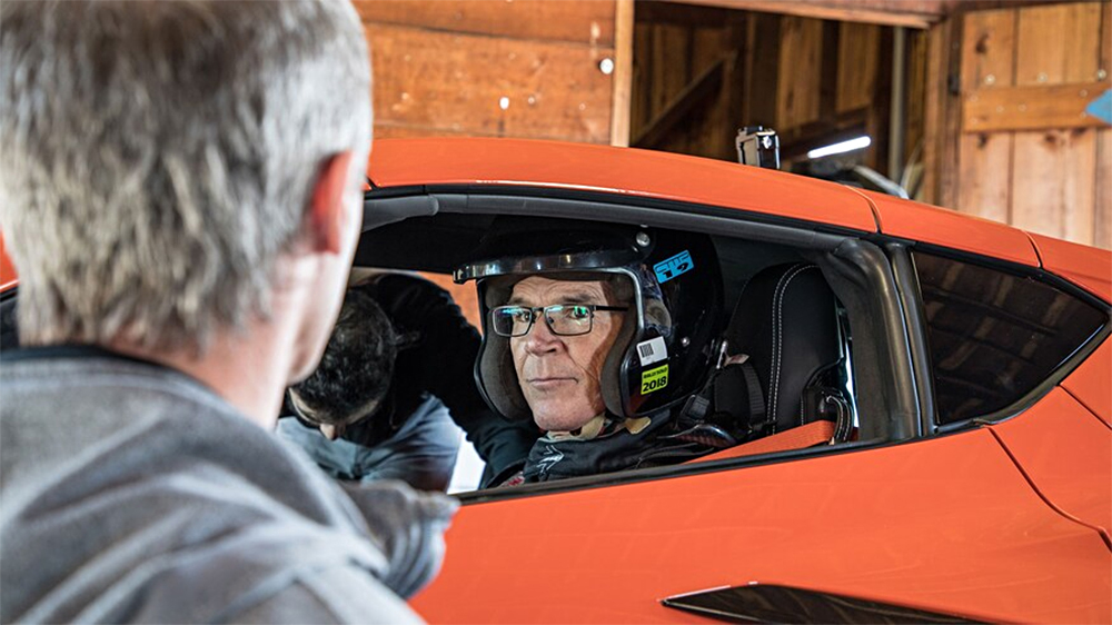 Randy Pobst in driver seat of Chevrolet 2020 C8 Corvette Z51 3LT at Virginia International Raceway