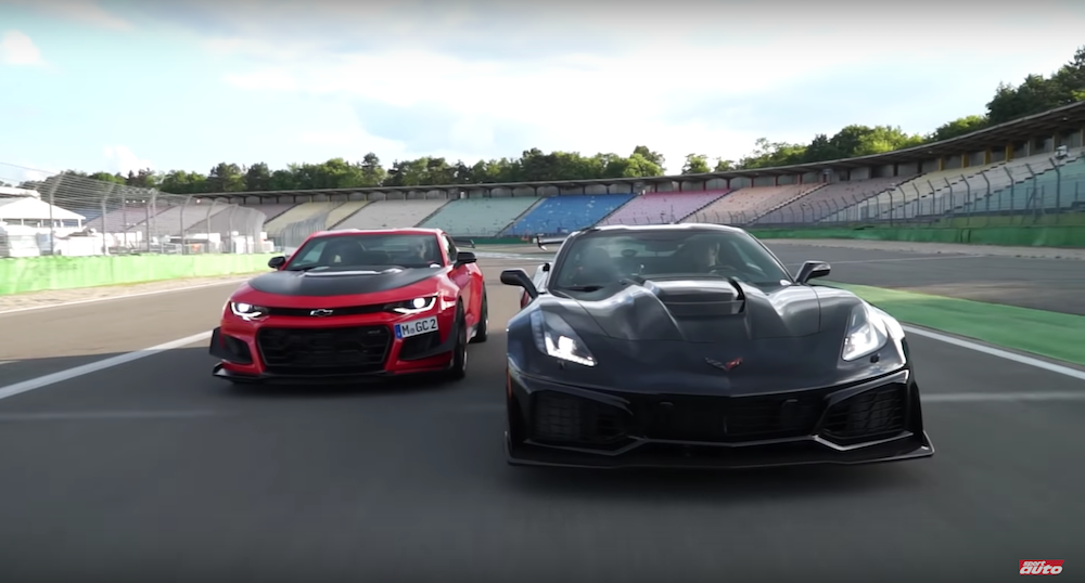 Camaro ZL1 1LE battling a Corvette ZR1 at Hockenheim.