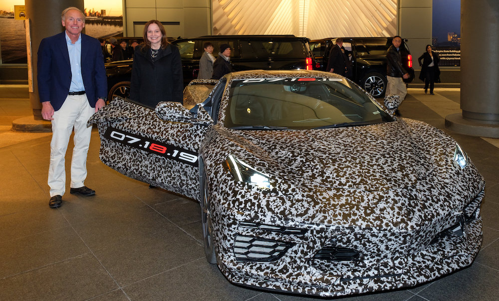 Chevrolet Corvette Chief Engineer Tadge Juechter and General Motors Chairman and CEO Mary Barra Thursday, April 11, 2019 with a camouflaged next generation Corvette near Times Square in New York, New York. The next generation Corvette will be unveiled on July 18. (Photo by Steve Fecht for Chevrolet)